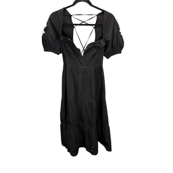 NWT Tularosa x Revolve Black Cotton Midi Dress Puff Sleeves Open Lace-Up Back S - Picture 5 of 8